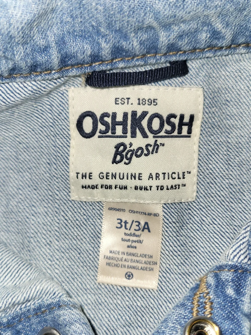 Toddler Unisex OshKosh B'gosh Kids' Light Blue Denim Jacket